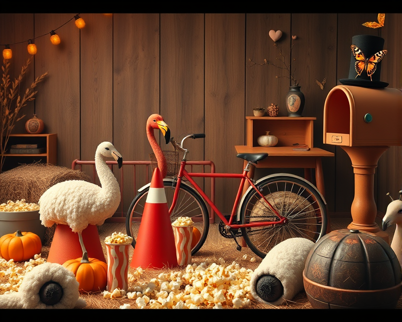 cone, bicycle, sheep, popcorn, flamingo, peacock, top hat, halloween, hay, acorn, heart, desk, snail, mailbox, butterfly, brown, tire